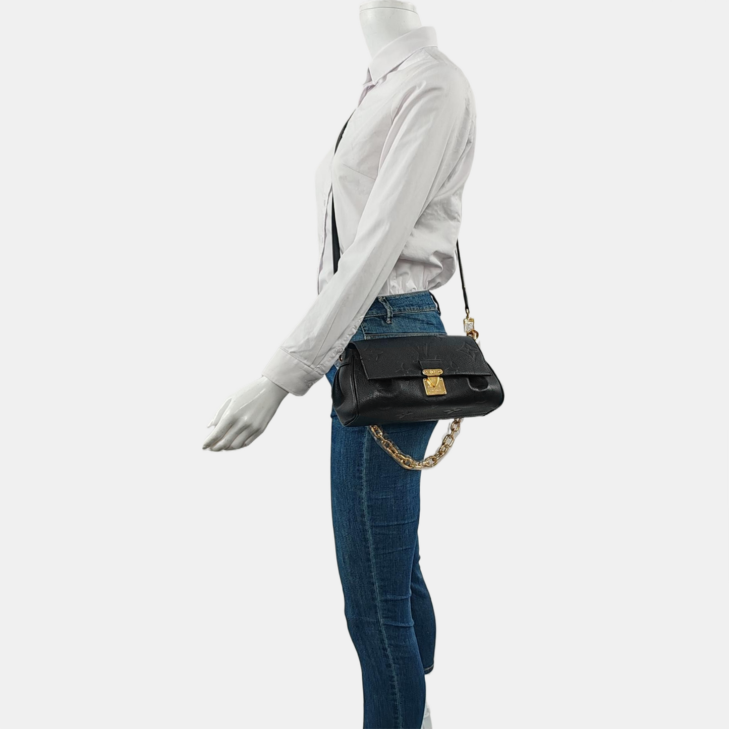 LOUIS VUITTON FAVORITE Black Leather Embossed Shoulder Bag Crossbody Bag 2 Detachable Straps Gold Hardware-(SKU)-963594020