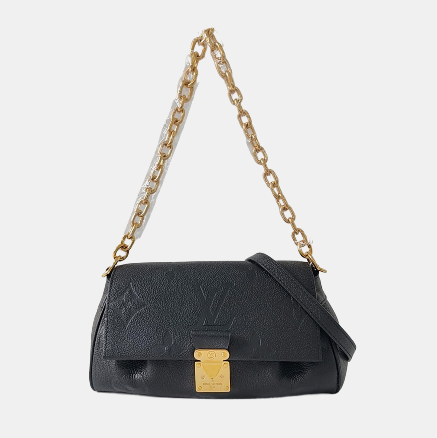 LOUIS VUITTON FAVORITE Black Leather Embossed Shoulder Bag Crossbody Bag 2 Detachable Straps Gold Hardware-(SKU)-963594020