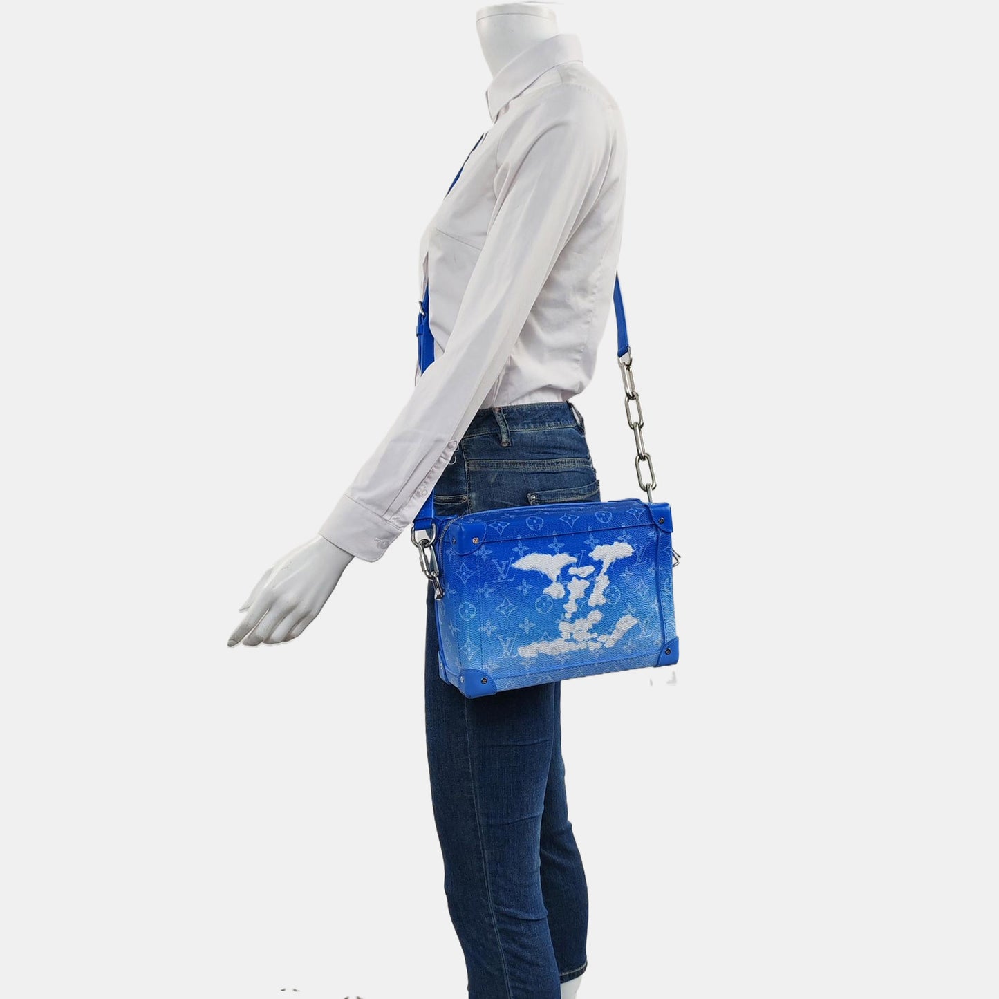 LOUIS VUITTON SOFT TRUNK Blue Coated Canvas Monogram Crossbody Bag with Silver Hardware and Detachable Strap-(SKU)-963244300