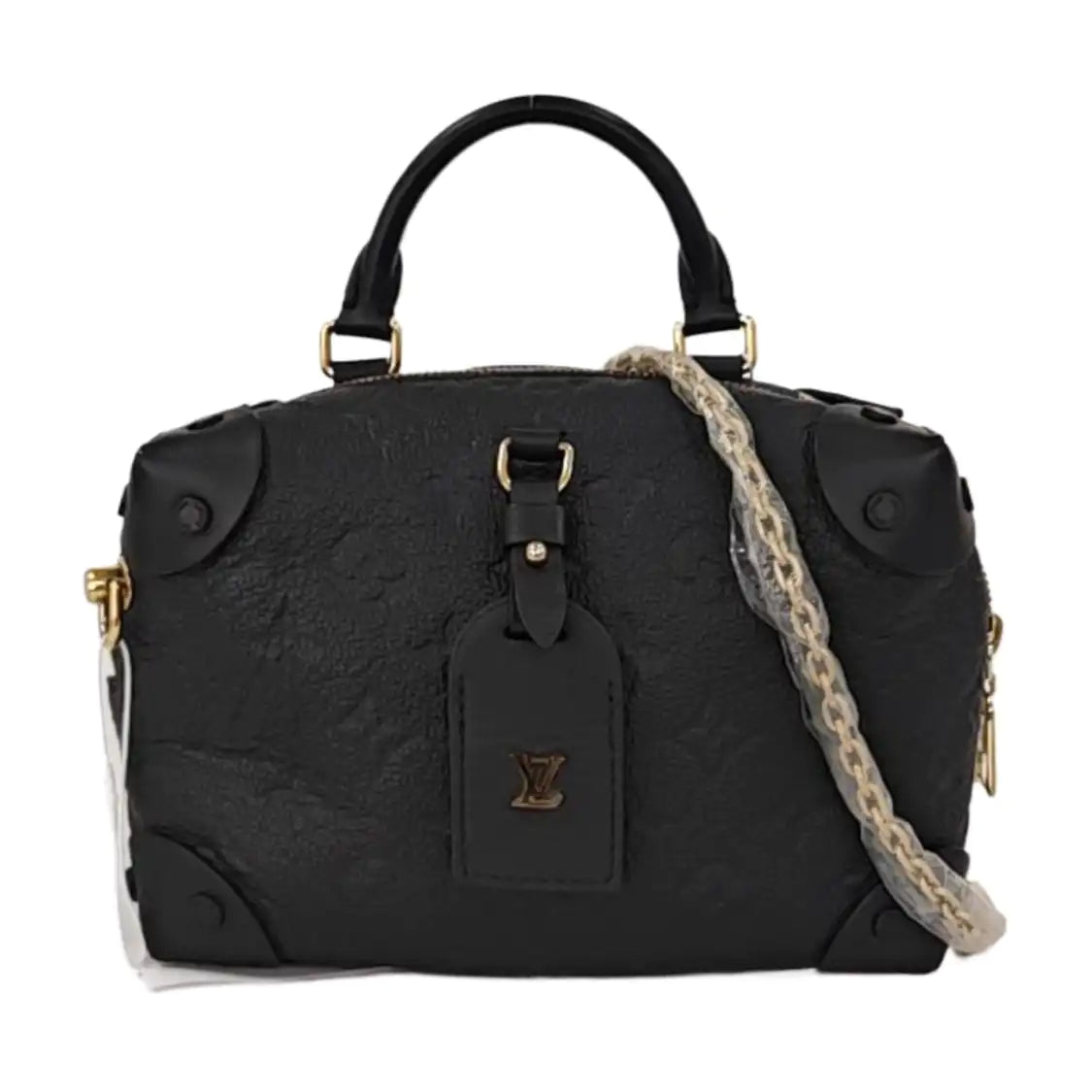 LOUIS VUITTON PETITE MALLE Black Calfskin Monogram Embossed Single Shoulder Bag Tote Bag Gold Hardware Removable Strap-(SKU)-934939114