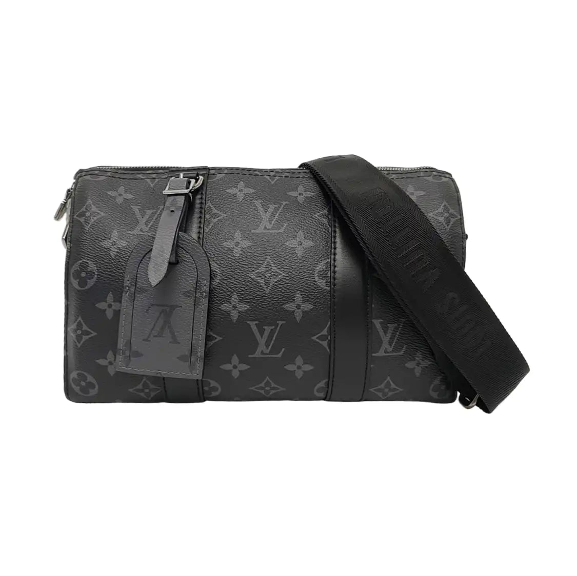 LOUIS VUITTON KEEPALL Black Coated Canvas Monogram Black Samurai Single Shoulder Bag Crossbody Bag with Silver Hardware and Removable Strap-(SKU)-964122055