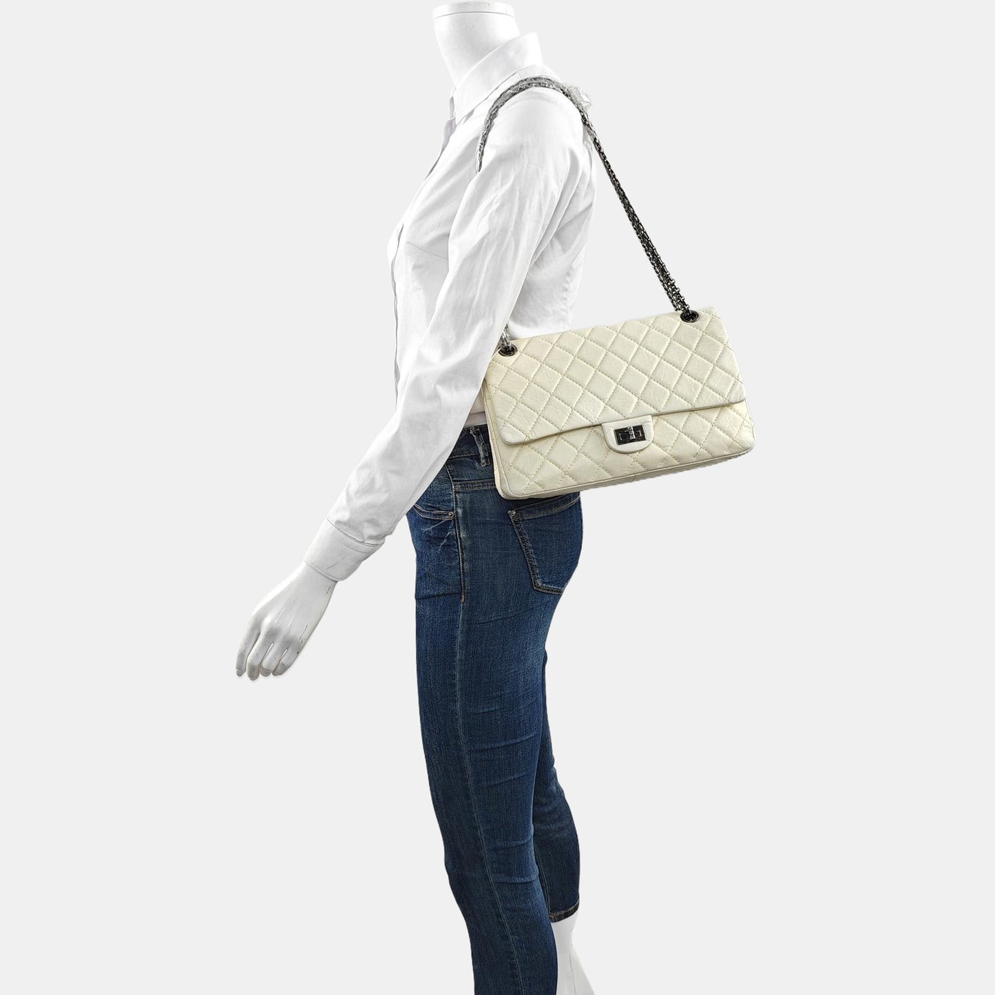 CHANEL 2.55 Large White Calfskin Quilted Single Shoulder Bag Crossbody with Palladium Hardware, 16 Clasp-(SKU)-964099776
