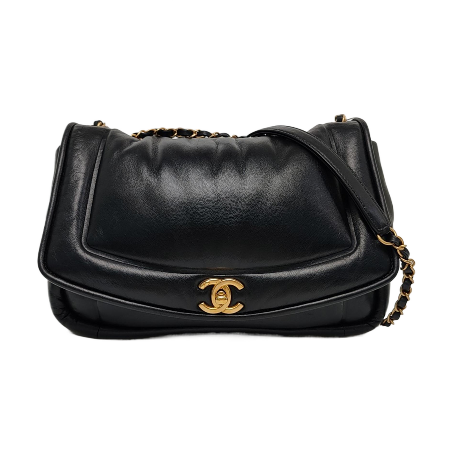 CHANEL VINTAGE PUFFY black lambskin crossbody bag shoulder bag 28 opening gold hardware-(SKU)-964643760