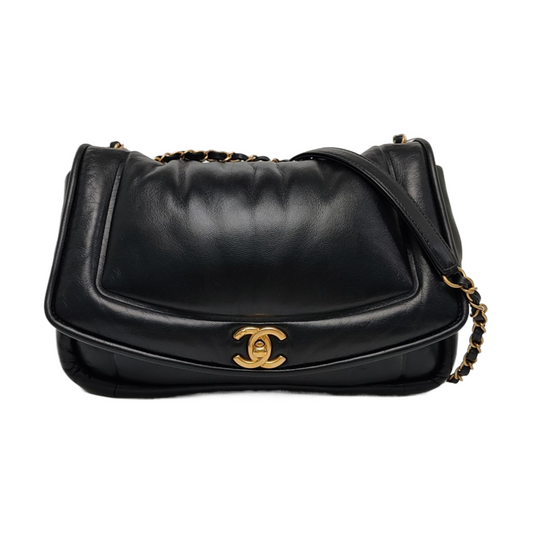 CHANEL VINTAGE PUFFY black lambskin crossbody bag shoulder bag 28 opening gold hardware-(SKU)-964643760