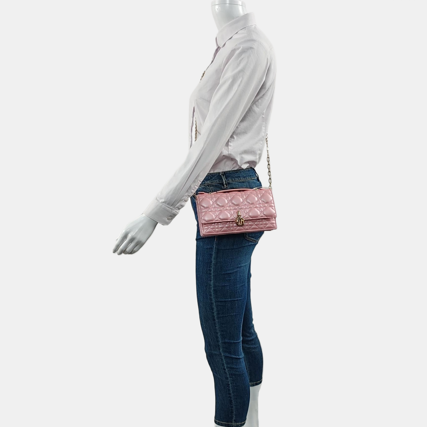 DIOR Lady Dior Mini Pink Lamb Skin Jacquard Quilted Shoulder Bag with Chain Strap, Gold Hardware, Removable Shoulder Strap, Accessories Included-(SKU)-964839672
