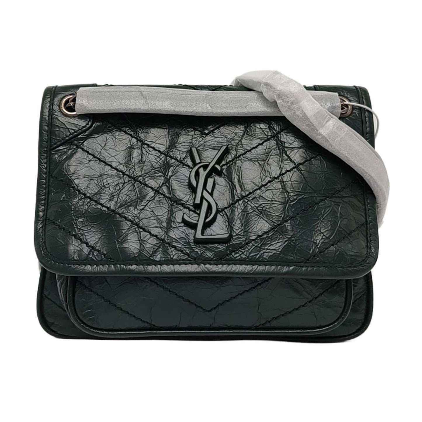YSL NIKI Small Dark Green Leather Quilted V Pattern Shoulder Bag and Crossbody with Detachable Strap, Black Rhodium-Plated Hardware-(SKU)-965294545