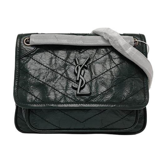 YSL NIKI Small Dark Green Leather Quilted V Pattern Shoulder Bag and Crossbody with Detachable Strap, Black Rhodium-Plated Hardware-(SKU)-965294545