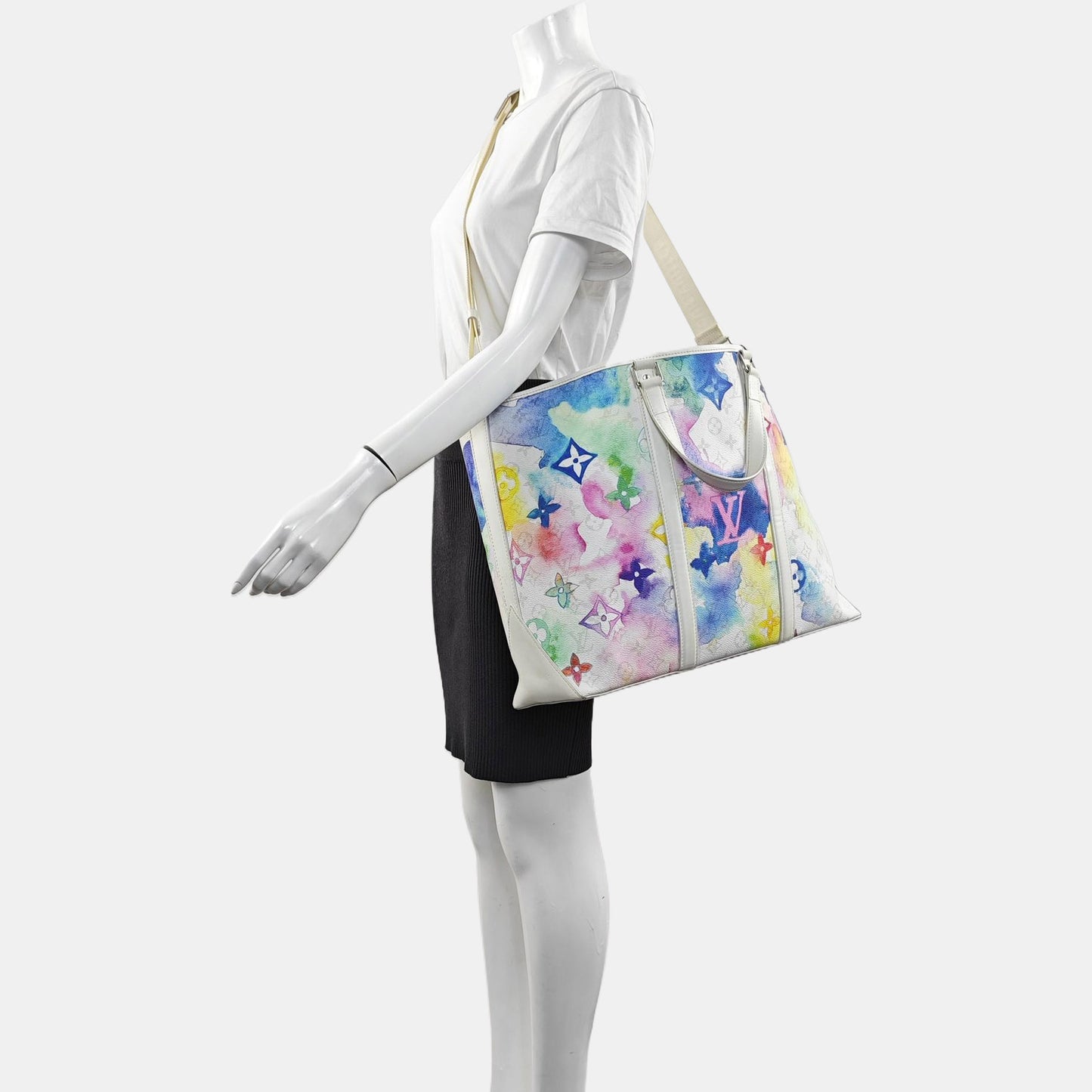 LOUIS VUITTON WEEK-END Large size white coated canvas Monogram vintage print single shoulder bag with handle, silver hardware, interior pocket, removable shoulder strap-(SKU)-965602289