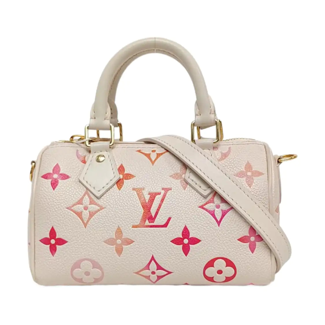 LOUIS VUITTON SPEEDY Nano White Calfskin Monogram Embossed Boston Bag Shoulder Bag Tote Bag Crossbody Bag Gold Hardware Removable Strap-(SKU)-965553381