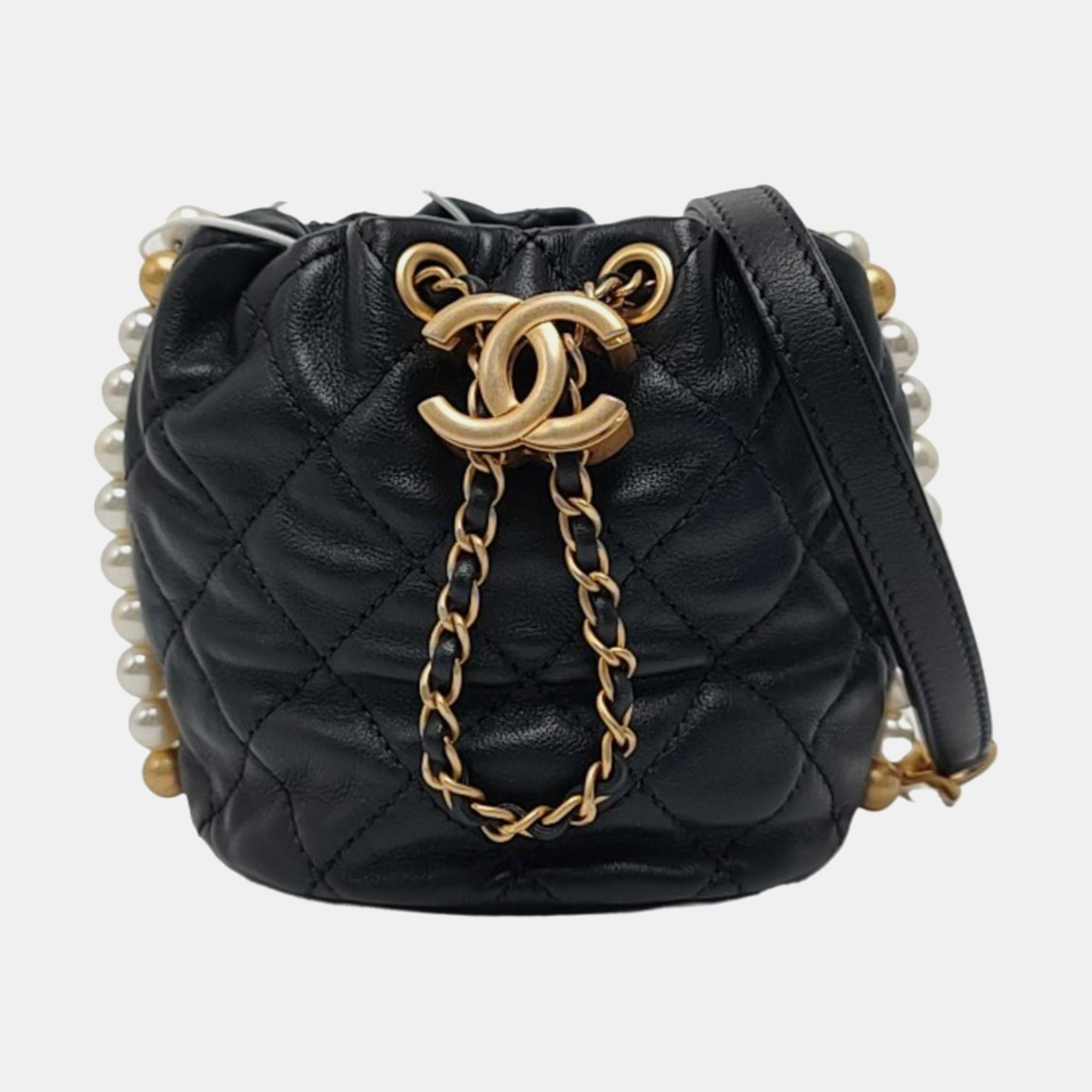 CHANEL DRAWSTRING Mini Black Calfskin Quilted Crossbody Shoulder Bag with Gold Hardware, 31 openings-(SKU)-965301985