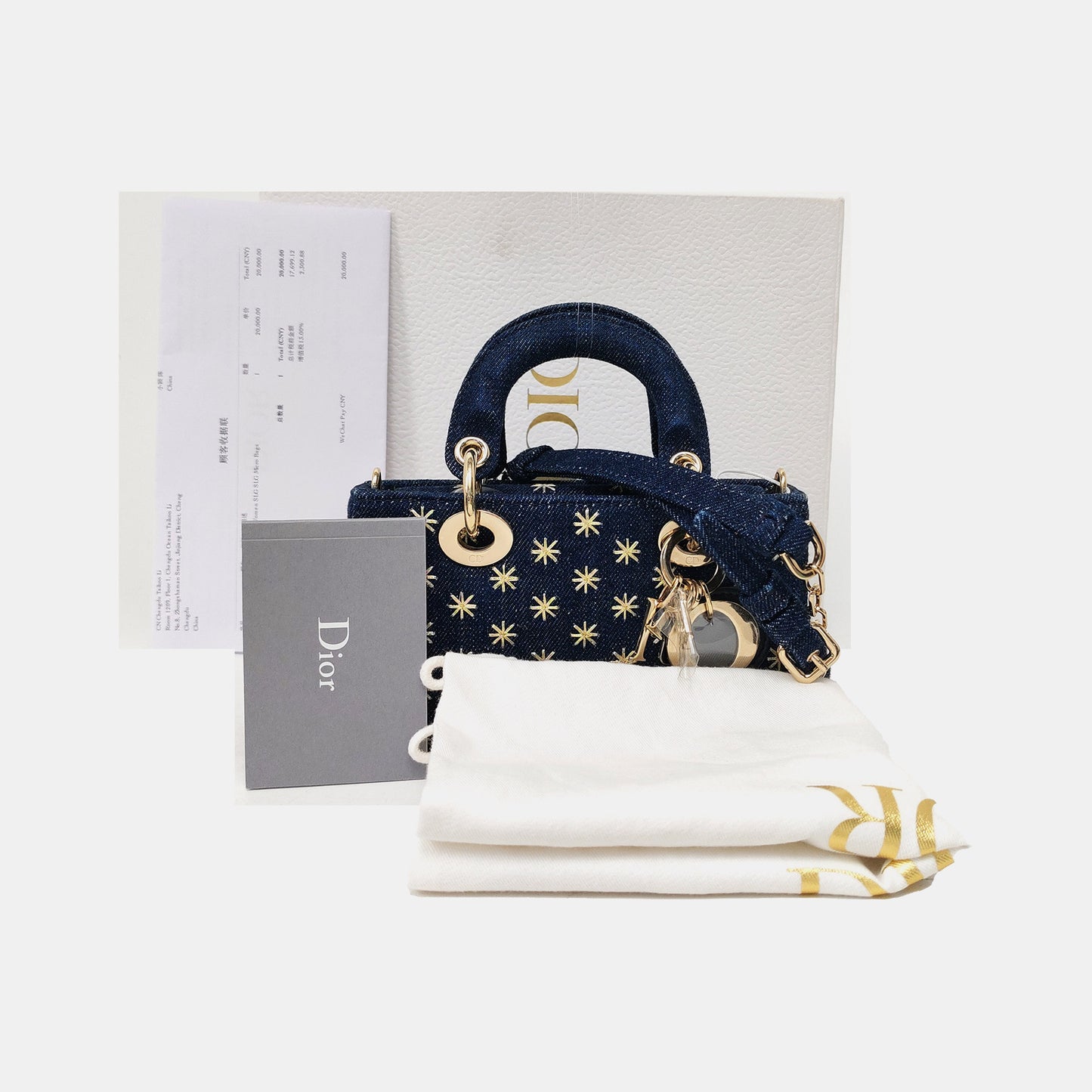DIOR Lady D-Joy Super Mini Blue Denim Embroidered Crossbody Shoulder Bag Tote Bag Golden Hardware 2 Removable Shoulder Straps Complete Accessories-(SKU)-965662345