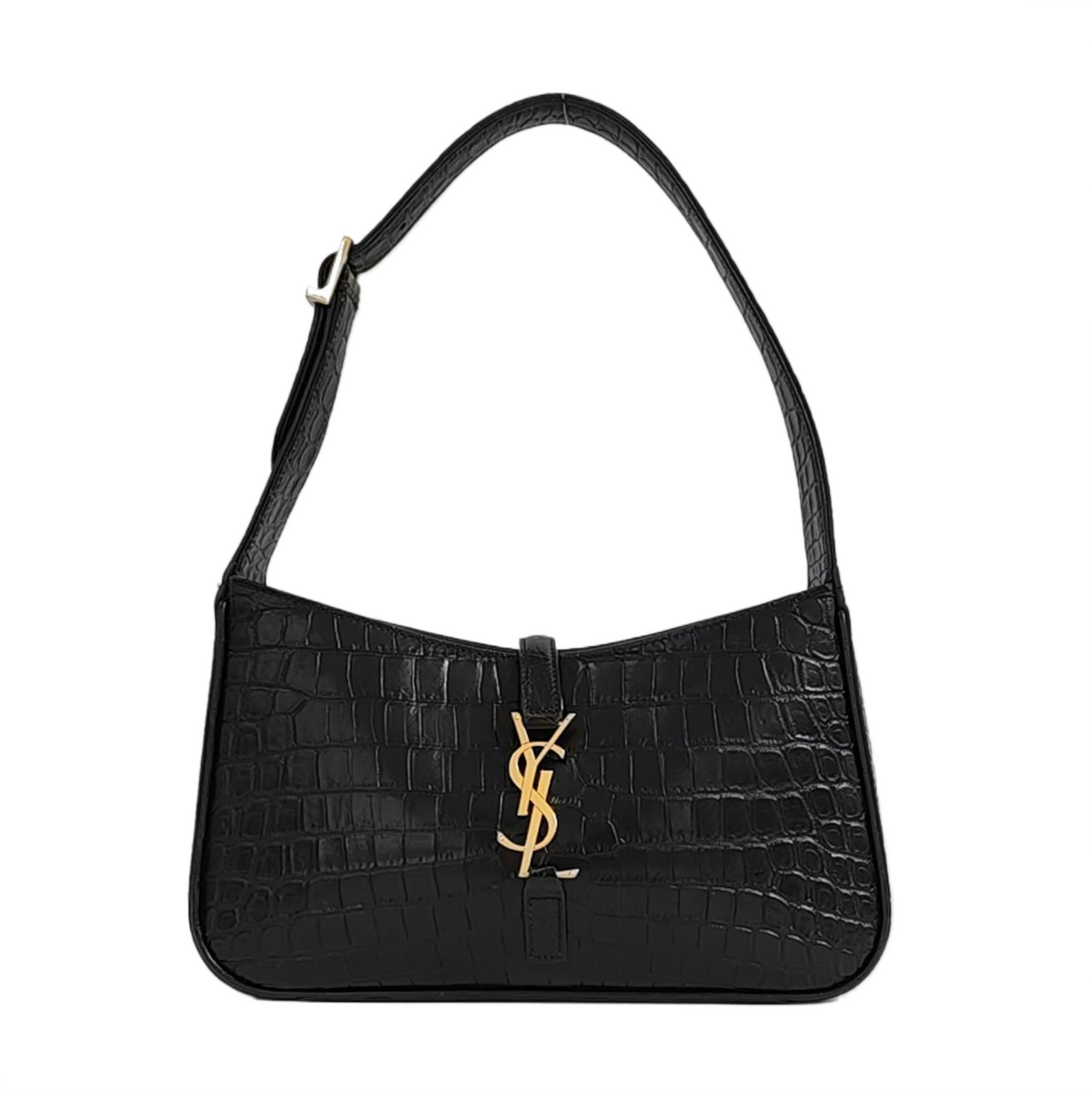 YSL LE 5 À 7 Black Calf Leather Crocodile Embossed Handbag Single Shoulder Bag Golden Hardware-(SKU)-965773000