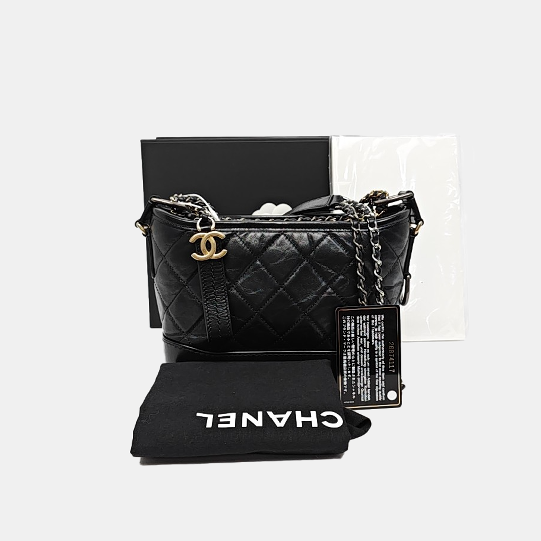 CHANEL GABRIELLE Small Black Leather Quilted Intrecciato Bag Crossbody Bag Single Shoulder Bag Golden Silver Ruthenium Hardware 26cm Removable Strap Accessories Complete-(SKU)-949455868