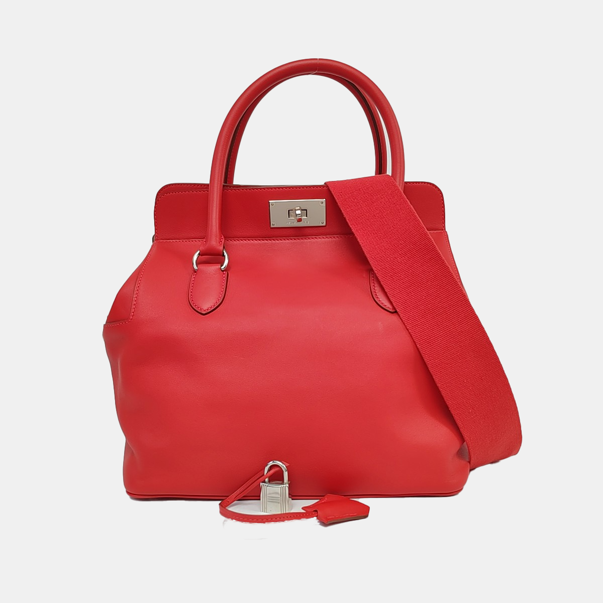 HERMÈS Toolbox 26 Peony Red Evercolor Leather Shoulder Bag Tote Crossbody Bag with Silver Hardware and Removable Strap-(SKU)-966025758