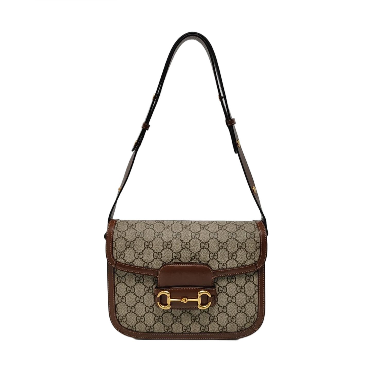 GUCCI Horsebit 1955 Small Beige Coated Canvas Monogram Saddle Bag with Gold Hardware, Complete Accessories-(SKU)-966125952