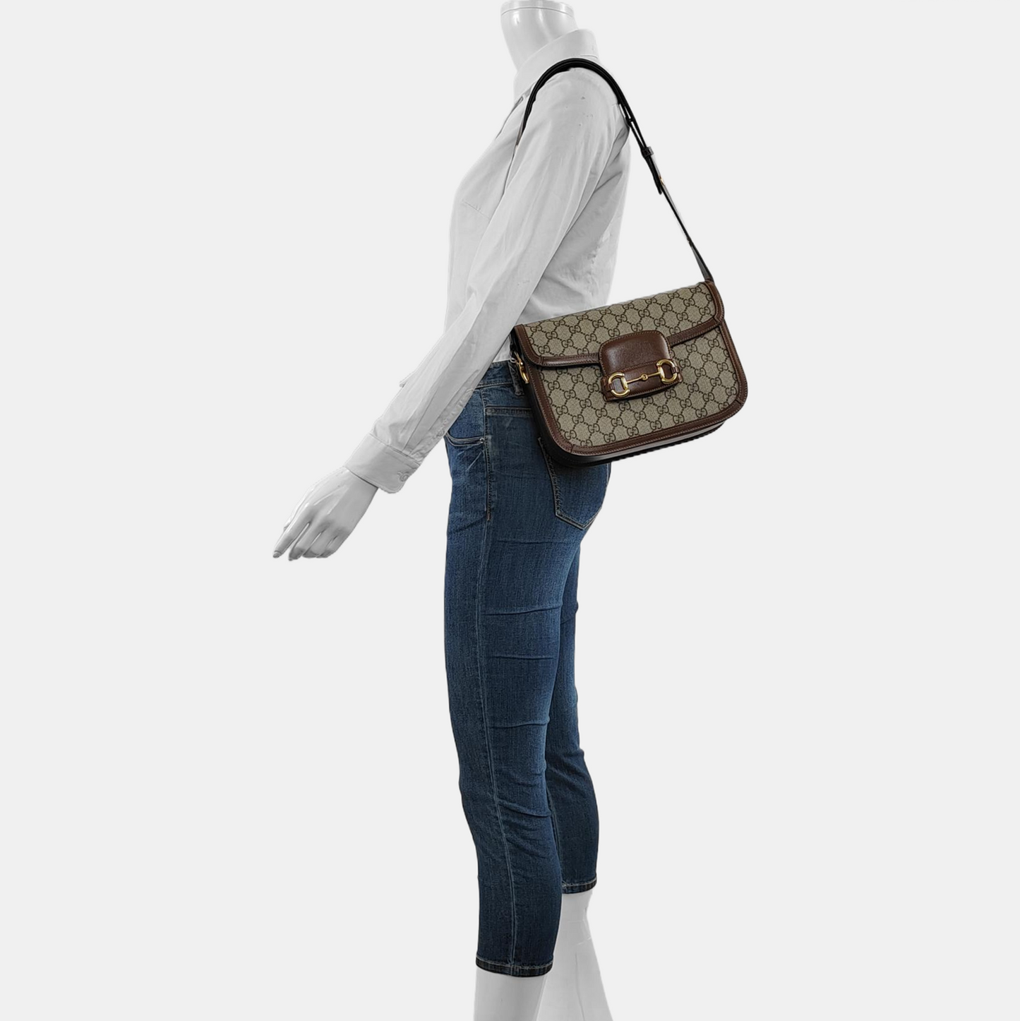 GUCCI Horsebit 1955 Small Beige Coated Canvas Monogram Saddle Bag with Gold Hardware, Complete Accessories-(SKU)-966125952
