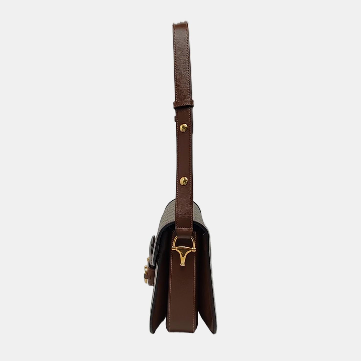 GUCCI Horsebit 1955 Small Beige Coated Canvas Monogram Saddle Bag with Gold Hardware, Complete Accessories-(SKU)-966125952