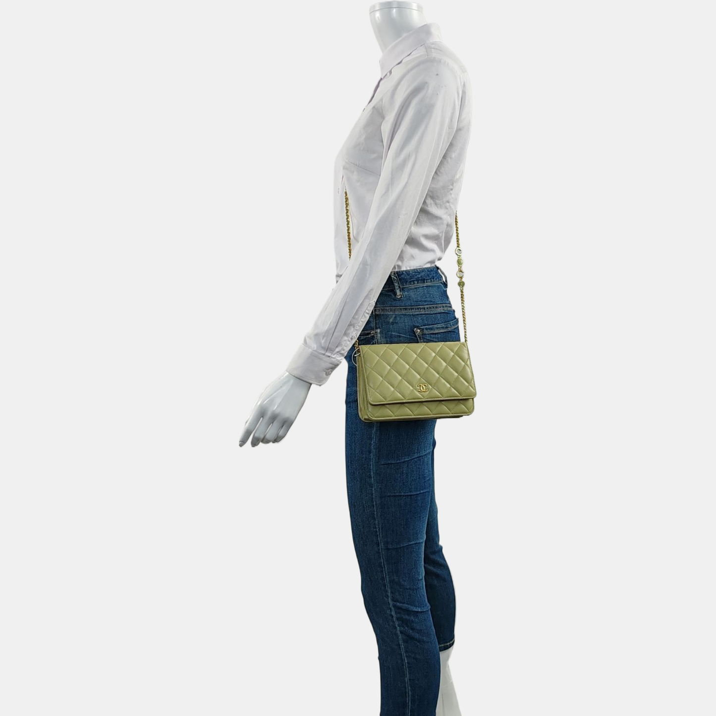 CHANEL WOC Yellow Green Lamb Skin Quilted Single Shoulder Bag Crossbody Bag Golden Hardware-(SKU)-966293271
