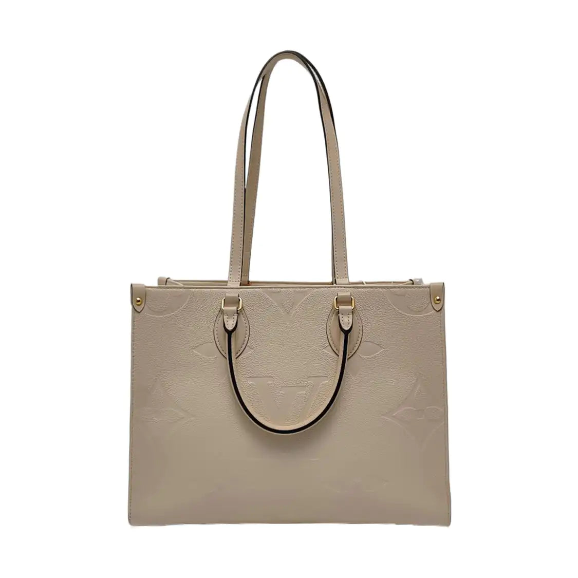LOUIS VUITTON ONTHEGO Medium-sized Beige Leather Monogram Embossed Jungle Bag Shoulder Bag Tote Bag Golden Hardware-(SKU)-966297097