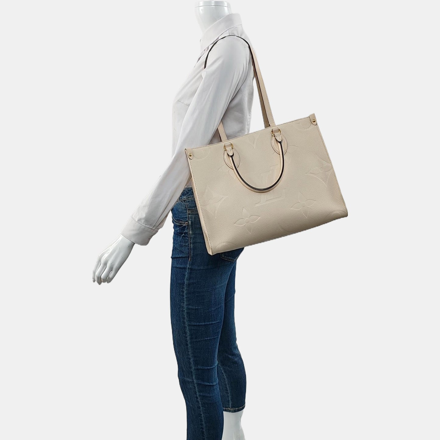 LOUIS VUITTON ONTHEGO Medium-sized Beige Leather Monogram Embossed Jungle Bag Shoulder Bag Tote Bag Golden Hardware-(SKU)-966297097