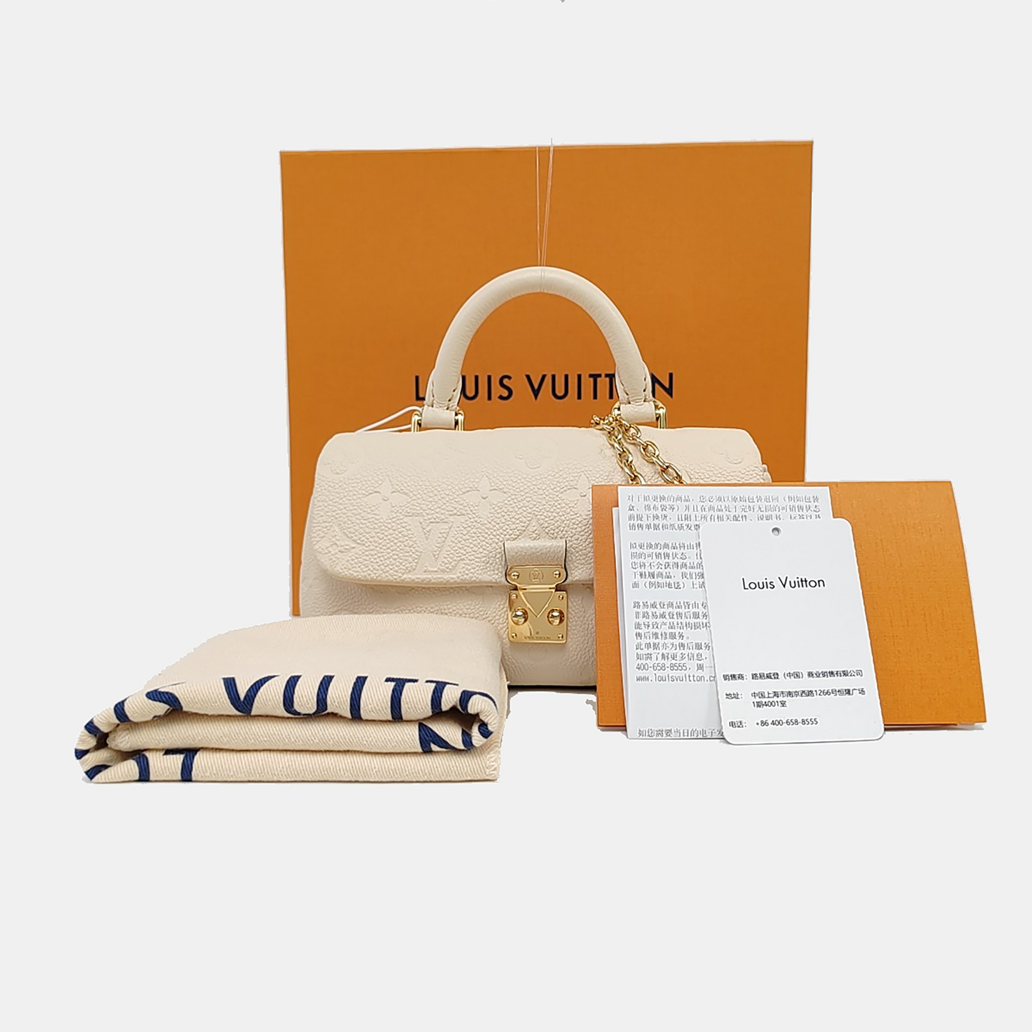 LOUIS VUITTON MADELEIN Nano White Leather Monogram Embossed Shoulder Bag Tote Bag Crossbody Bag Golden Hardware Removable Shoulder Strap Accessories Included-(SKU)-966288276
