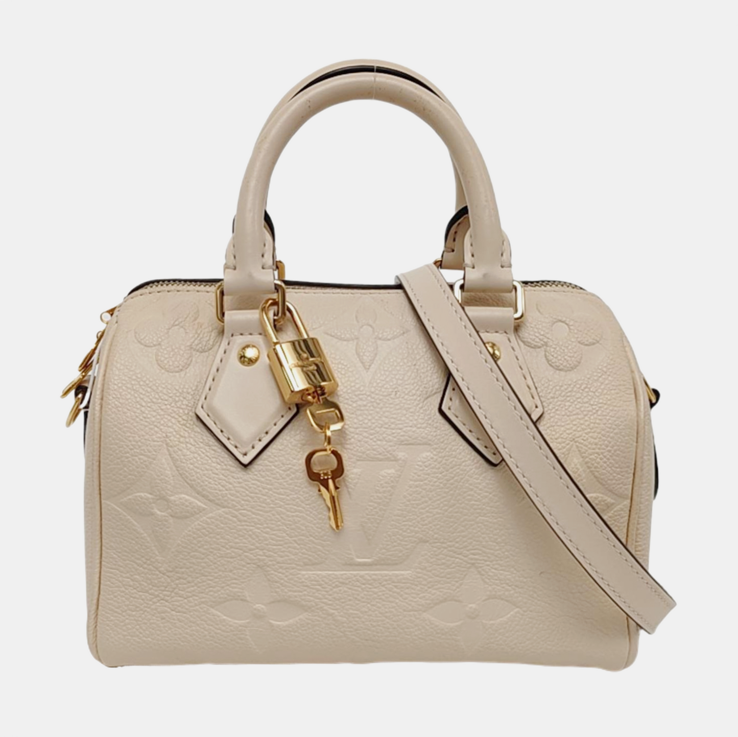 LOUIS VUITTON SPEEDY 20 Beige Leather Monogram Vernis Boston Bag Shoulder Bag Crossbody Handbag with Gold Hardware and Removable Strap-(SKU)-966135797