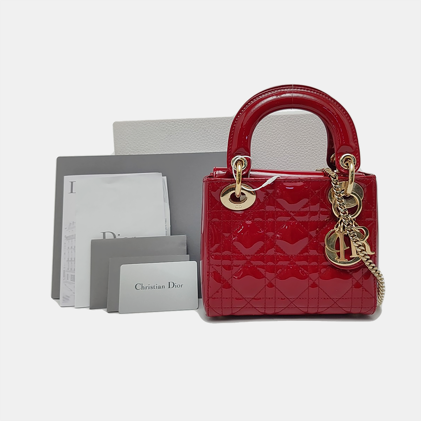 DIOR Lady Dior Mini Red Patent Lambskin Quilted Cannage Three Shoulder Bag, Crossbody Bag, Handbag with Detachable Strap-(SKU)-966772518