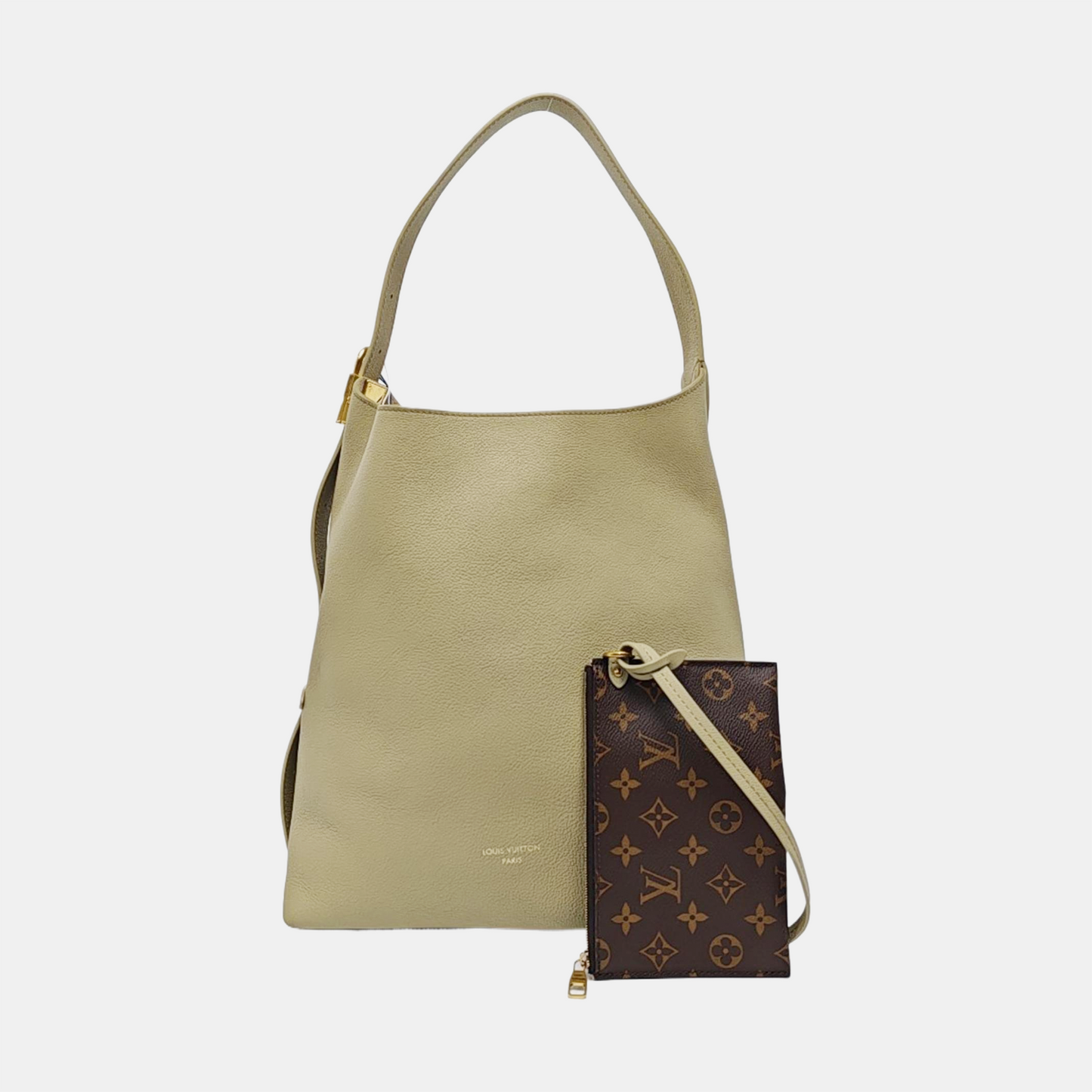 LOUIS VUITTON LOW KEY HOBO Medium Size Greenish Grey Calfskin Monogram Shoulder Bag, Handbag with Detachable Strap-(SKU)-966606063
