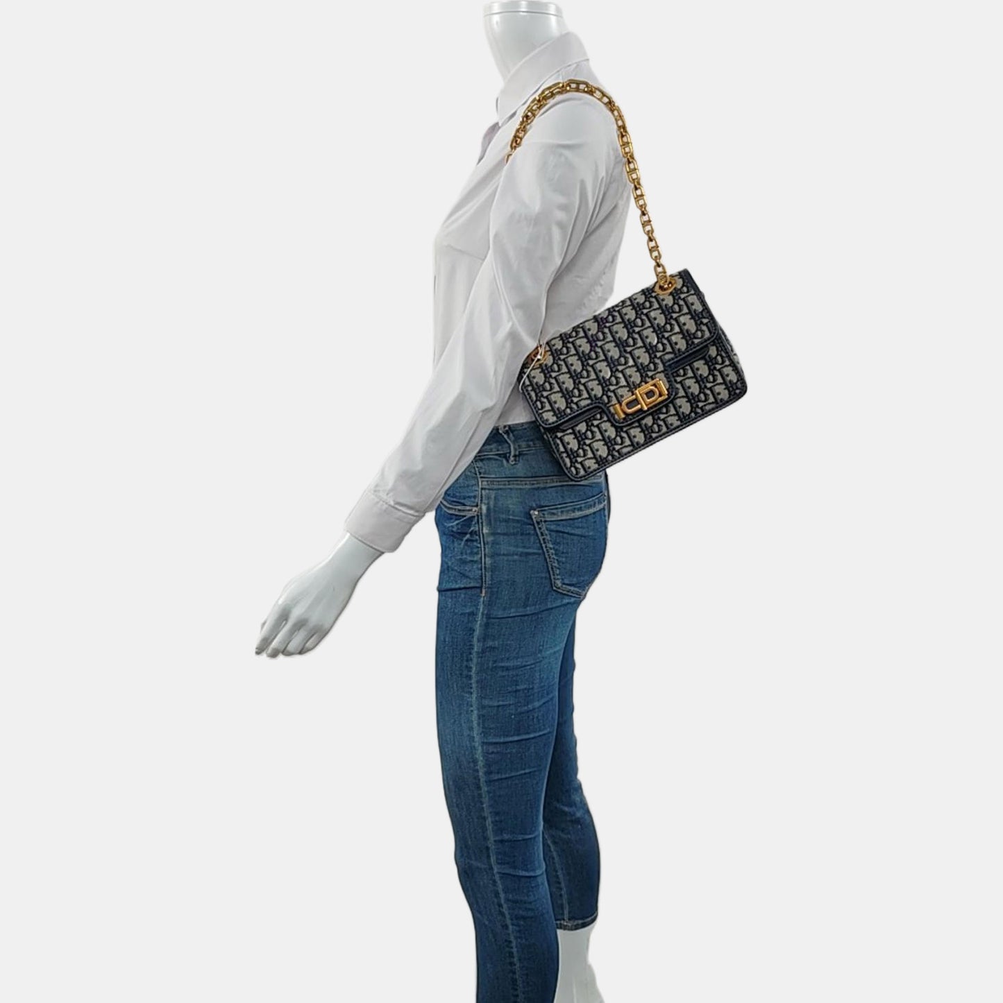 DIOR Dioraddict Blue Canvas Monogram Single Shoulder Bag and Crossbody with Gold Hardware-(SKU)-966513977