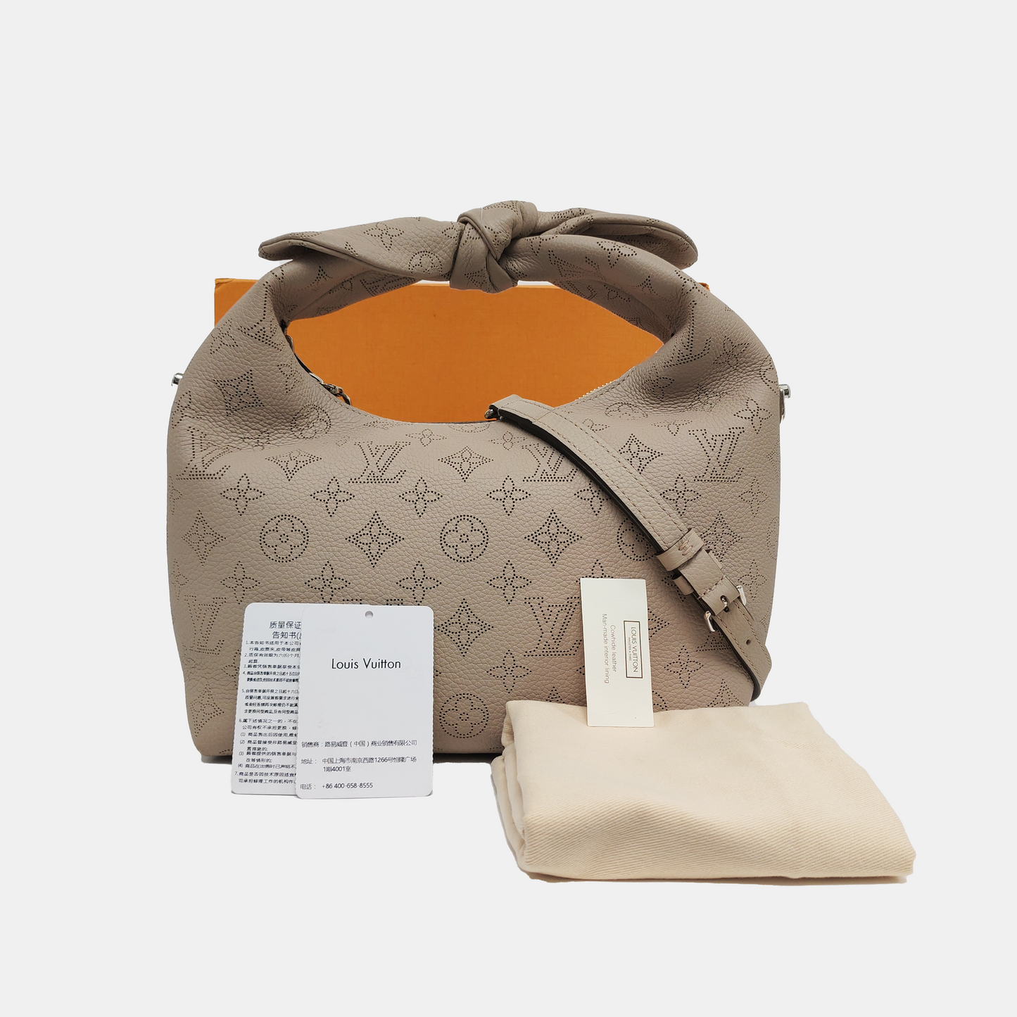 LOUIS VUITTON WHY KNOT Small size grey leather monogram perforated shoulder bag handbag crossbody bag with silver hardware and removable shoulder strap complete accessories-(SKU)-966742188