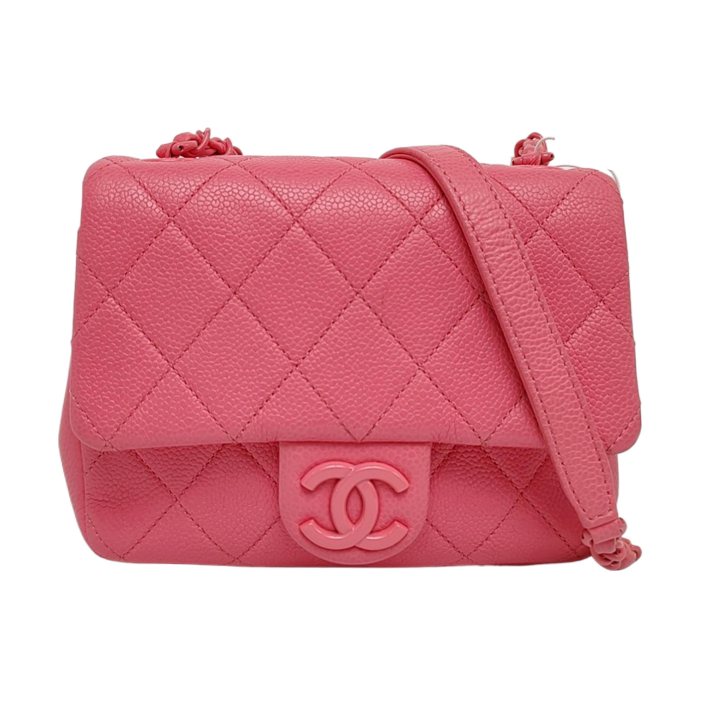 CHANEL CLASSIC FLAP Pink Quilted Calfskin Monogram Shoulder Bag, Handle Bag, Crossbody with Detachable Strap, Pink Hardware, 29 Clasps-(SKU)-966828940