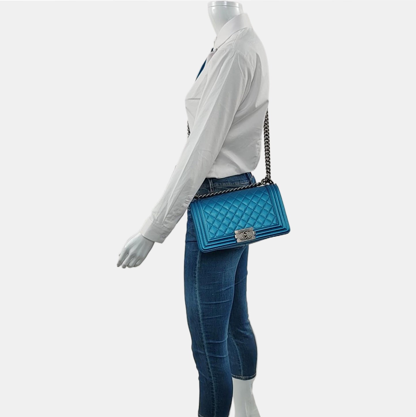 CHANEL BOY CHANEL Blue Quilted Calfskin Monogram Shoulder Bag, Crossbody with Detachable Strap, Ruthenium-Colored Hardware, 24 Clasps-(SKU)-967190890