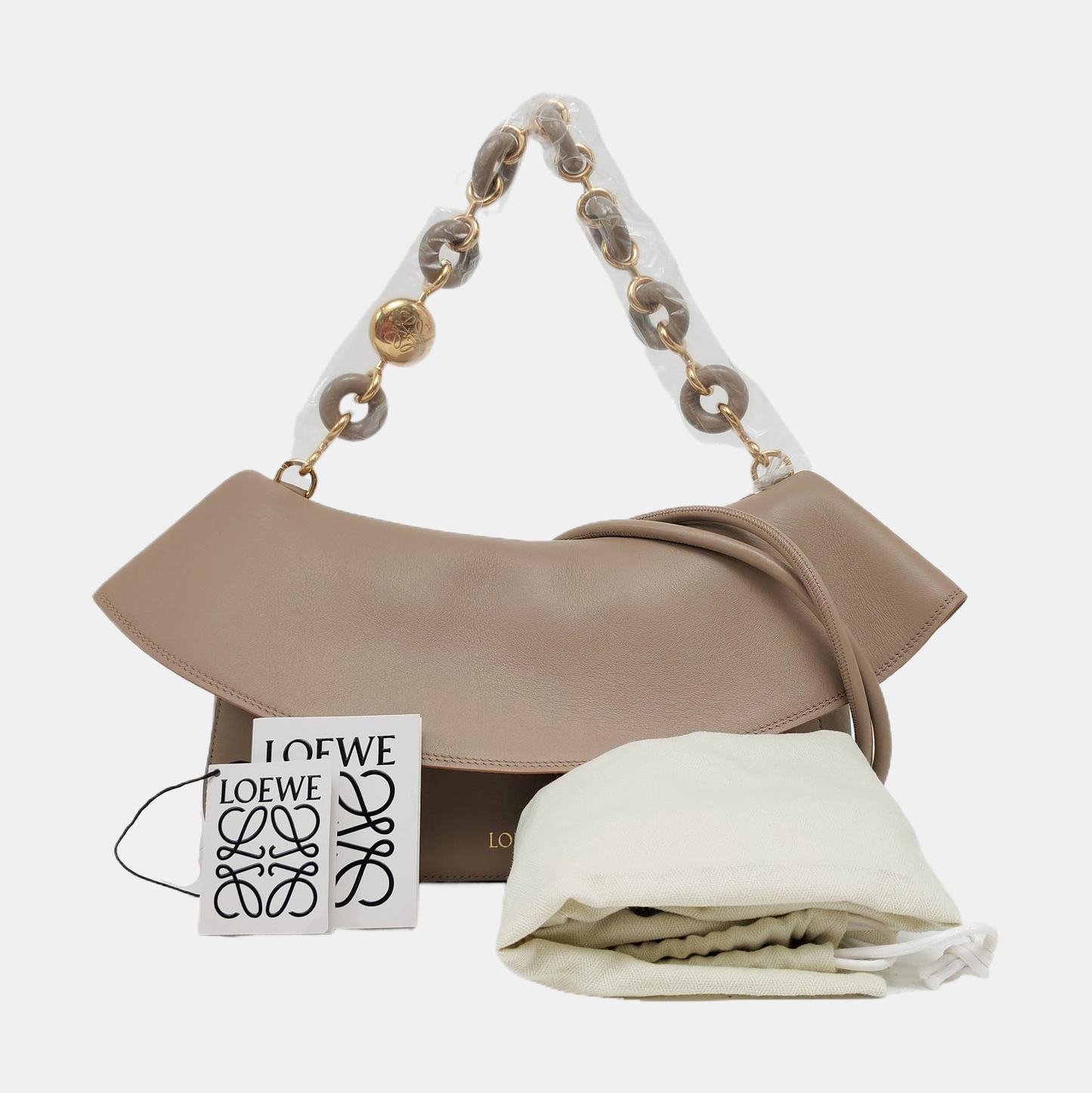 LOEWE Ola Medium Size Beige Calfskin Single Shoulder Bag Gold Hardware 2 Removable Straps-(SKU)-967585055