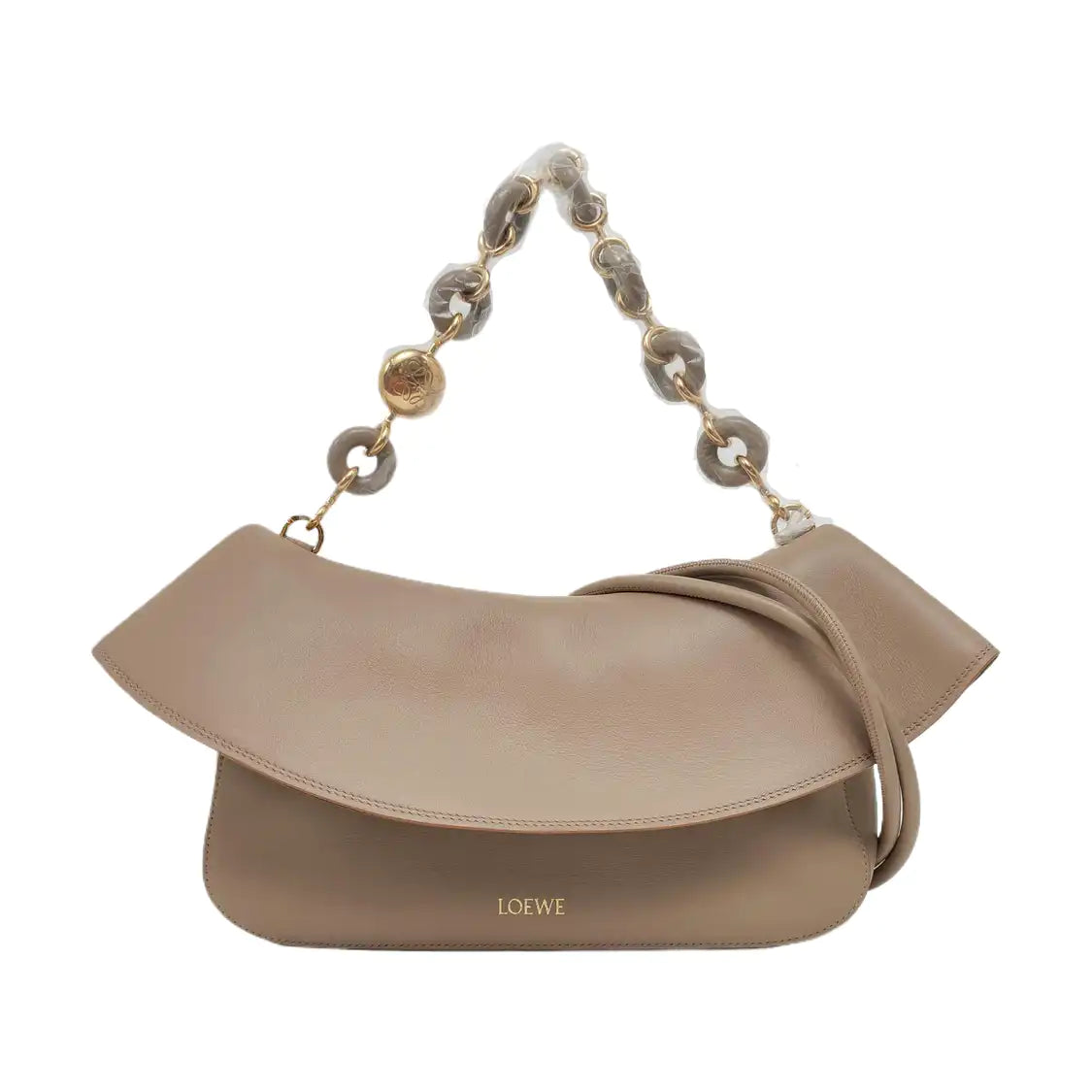 LOEWE Ola Medium Size Beige Calfskin Single Shoulder Bag Gold Hardware 2 Removable Straps-(SKU)-967585055