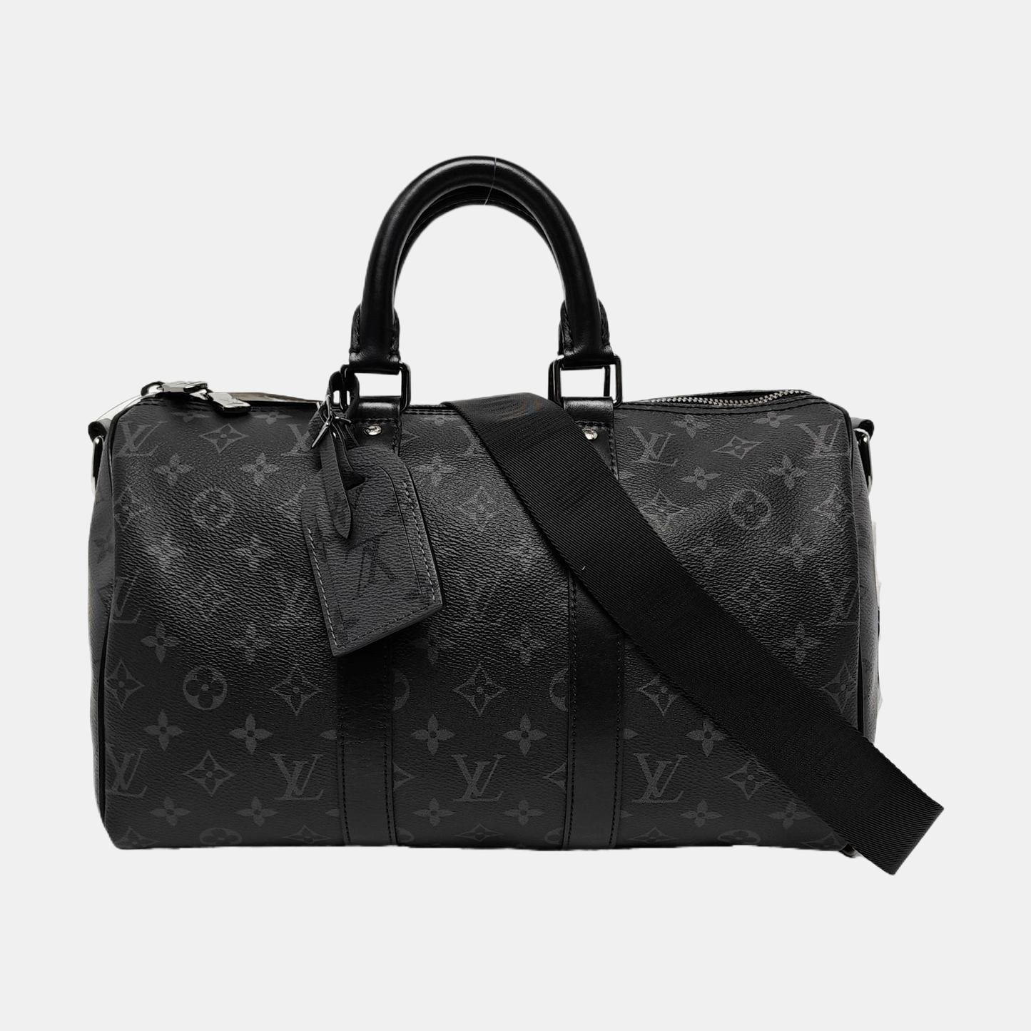 LOUIS VUITTON KEEPALL 35 Black Coated Canvas Monogram Single Shoulder Bag Handbag Crossbody Bag with Detachable Strap and Silver Hardware-(SKU)-967330082