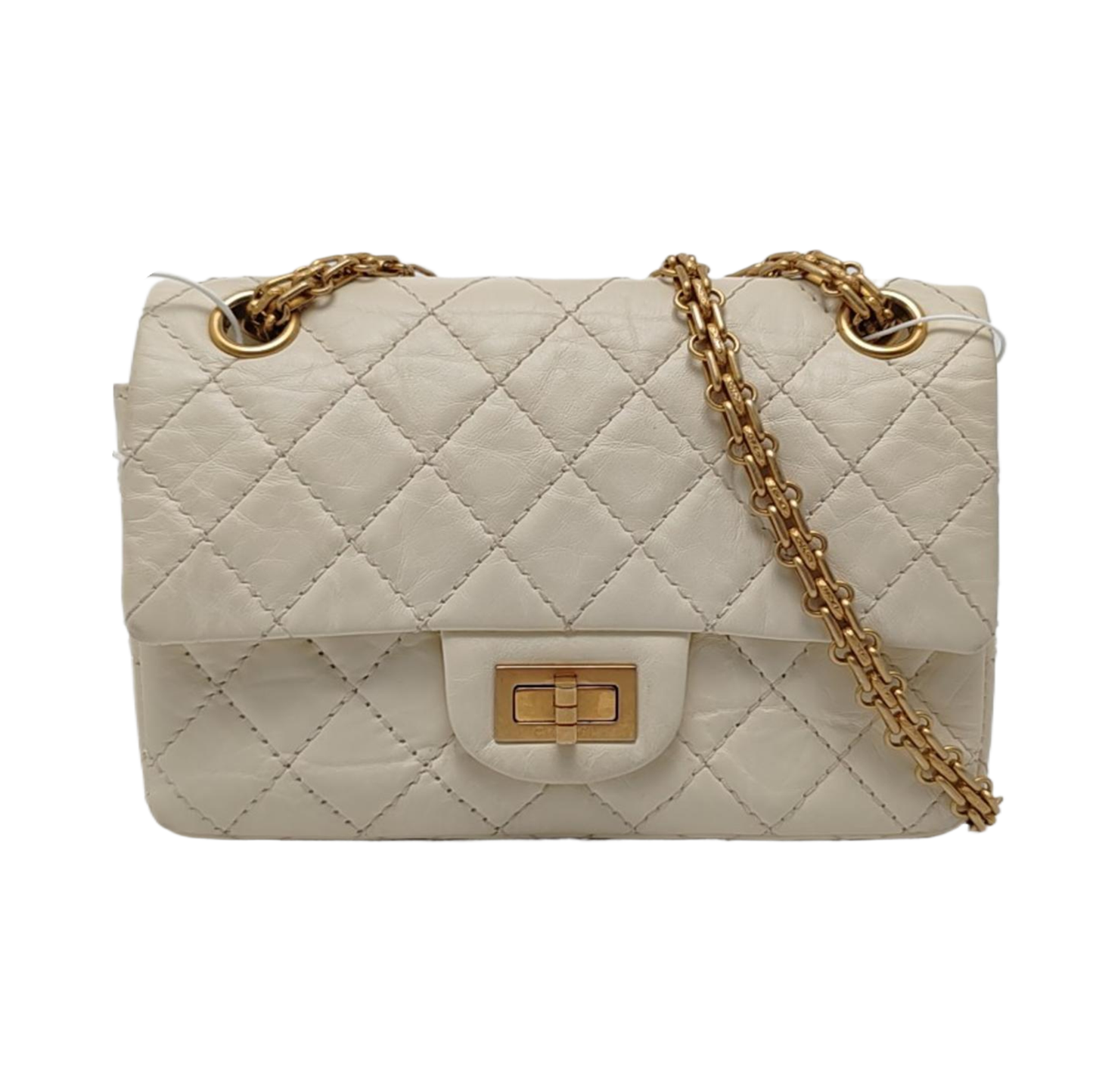 CHANEL 2.55 Mini White Calfskin Quilted Single Shoulder Bag Crossbody with Gold Hardware, 30 Clasp-(SKU)-967684071
