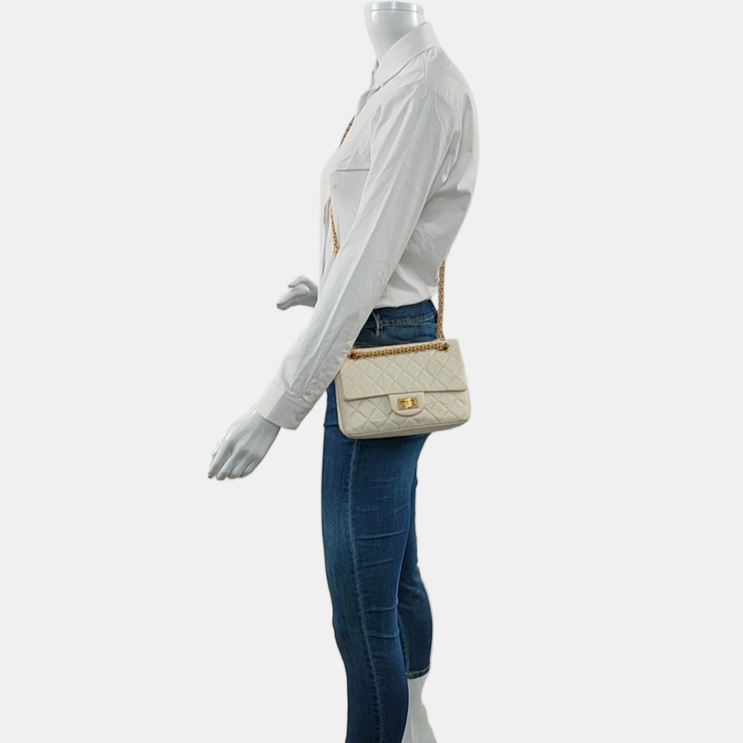 CHANEL 2.55 Mini White Calfskin Quilted Single Shoulder Bag Crossbody with Gold Hardware, 30 Clasp-(SKU)-967684071