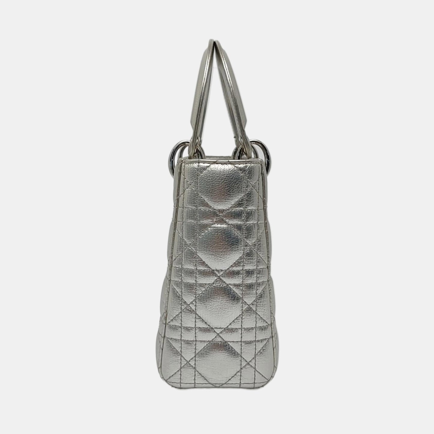 DIOR Lady Dior Small Size Silver Calfskin Quilted Cannage Four Shoulder Bag, Crossbody Bag, Handbag with Detachable Strap-(SKU)-967528877