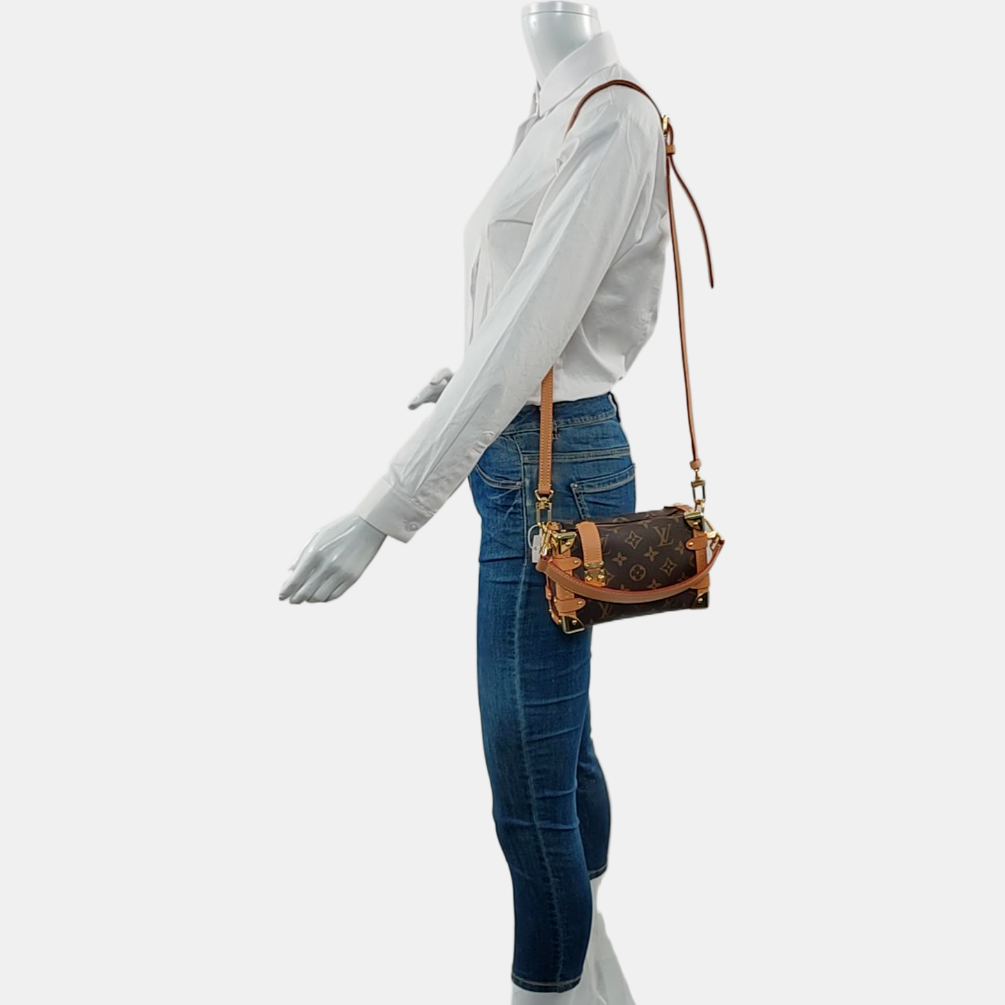 LOUIS VUITTON SIDE TRUNK Small Size Brown Coated Canvas Monogram Embossed Riveted Soft Box Shoulder Bag Tote Bag Crossbody Bag Gold Hardware Two Removable Straps-(SKU)-967707192