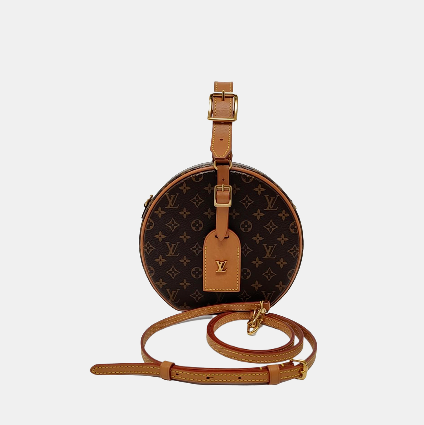 LOUIS VUITTON BOITE CHAPEAU Small Brown Coated Canvas Monogram Pattern Round Pie Bag Single Shoulder Bag Tote Bag Crossbody Bag Golden Hardware Removable Strap-(SKU)-967608224