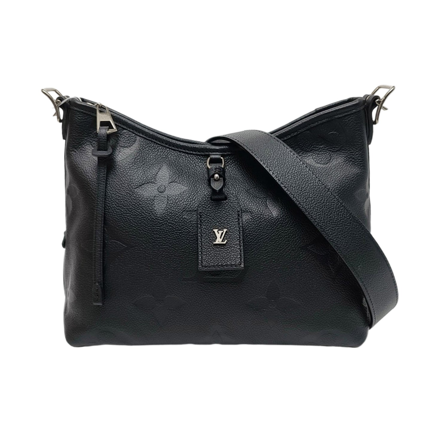 LOUIS VUITTON CARRYALL Small size black leather Monogram embossed black samurai crossbody bag, gold hardware, interior pocket, removable shoulder strap, complete accessories-(SKU)-967863888