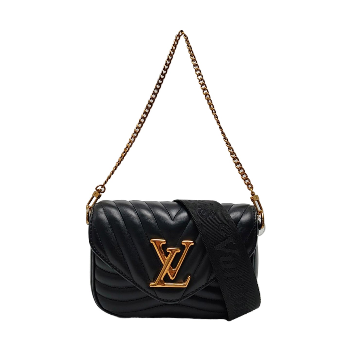 LOUIS VUITTON NEW WAVE Black Leather Quilted Shoulder Bag Tote Bag Gold Hardware Removable Strap 2 Inner Pockets-(SKU)-968345759