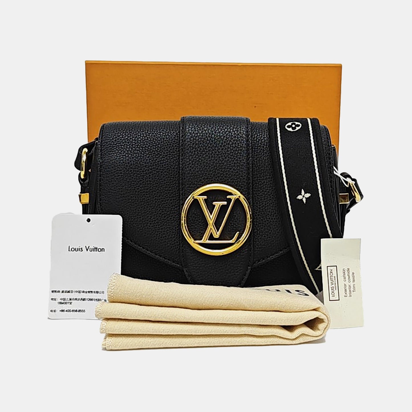 LOUIS VUITTON PONT 9 Small Black Calfskin Crossbody Shoulder Bag Tote Bag Gold Hardware Removable Shoulder Strap Full Accessories-(SKU)-968593873