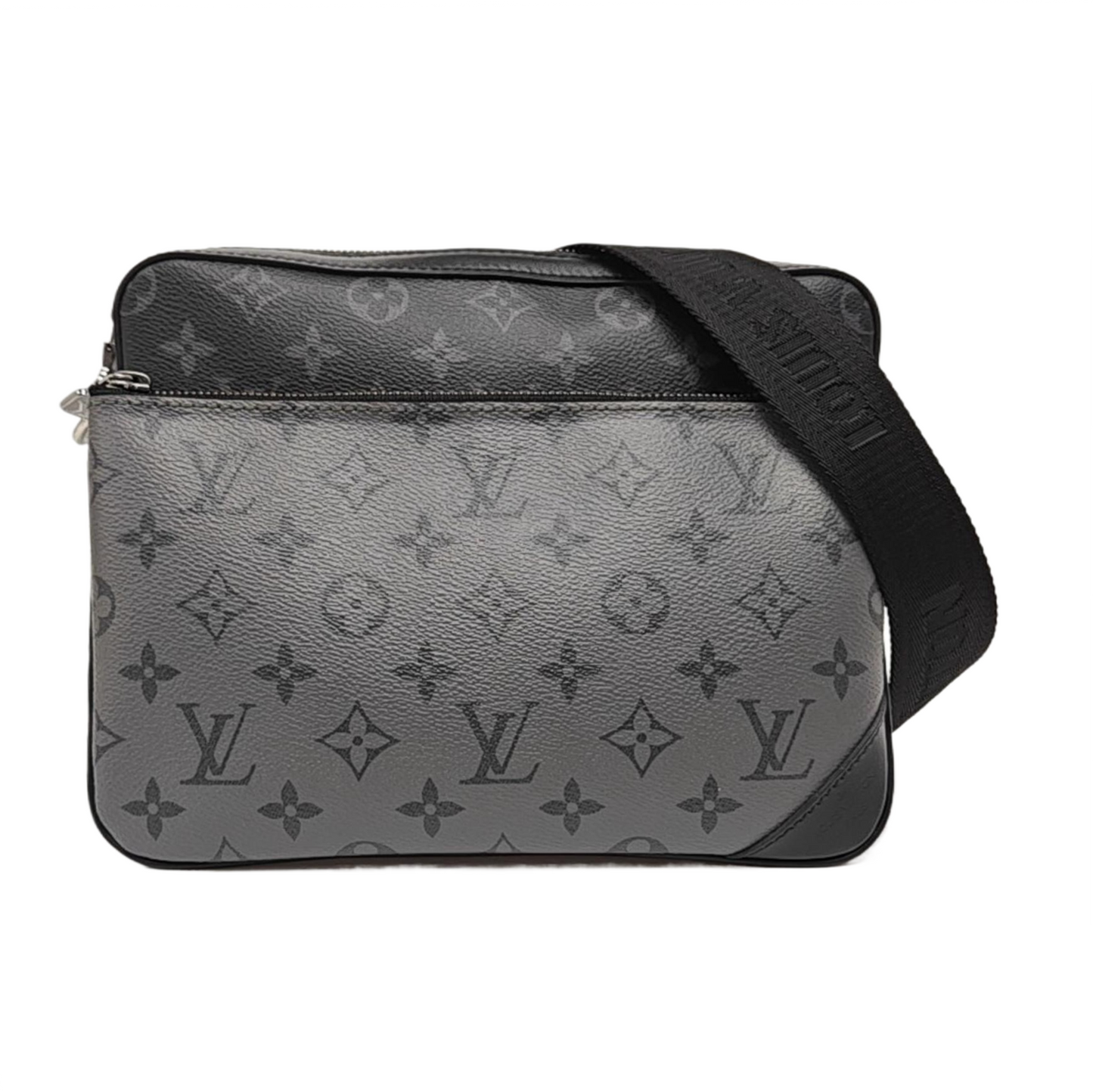LOUIS VUITTON TRIO Gray Coated Canvas Monogram Messenger Bag Black Samurai Crossbody Bag Shoulder Bag Silver Hardware Pockets Removable Strap-(SKU)-968551162