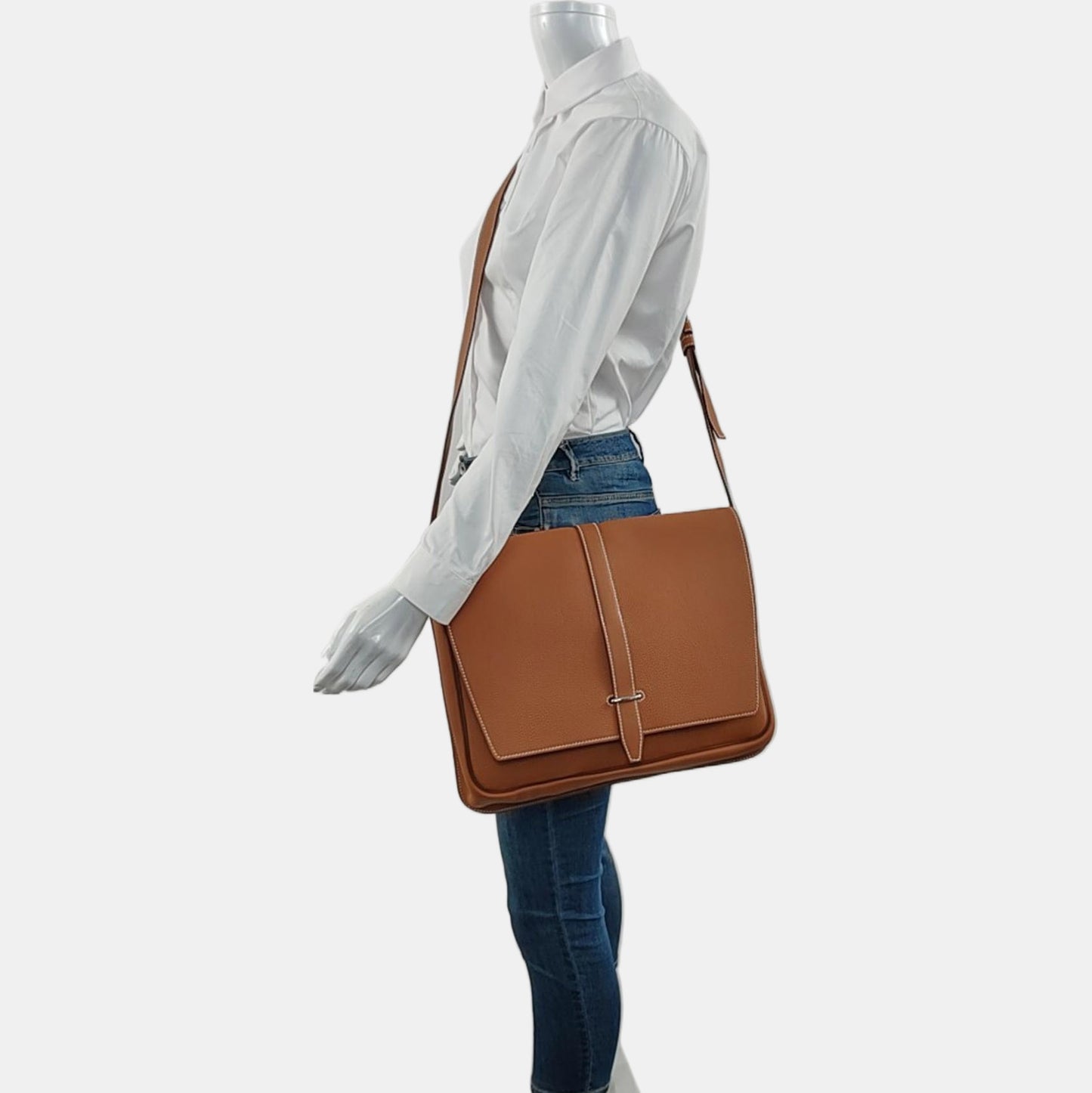 HERMÈS Steve Brown Togo Leather Shoulder Bag Crossbody with Silver Hardware, C, Complete Accessories-(SKU)-968650059