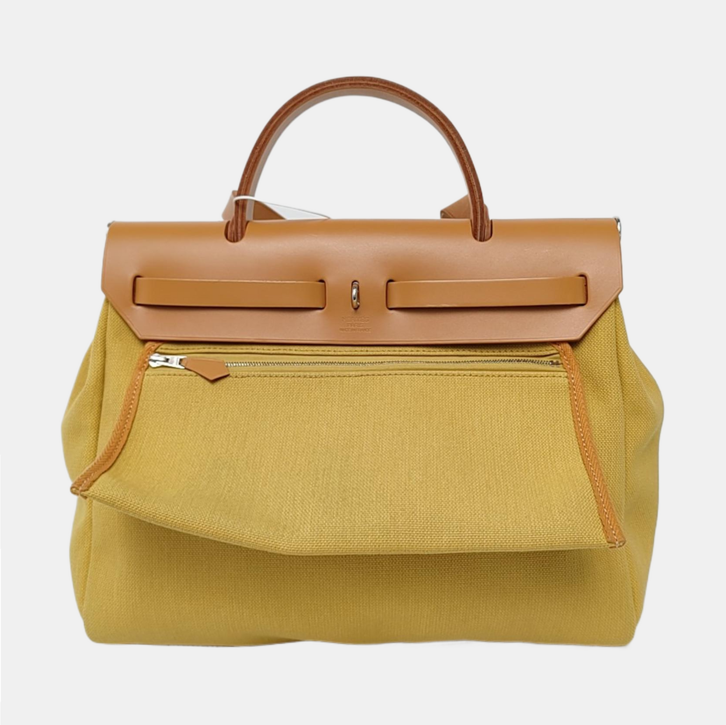 HERMÈS Herbag 31 Fennel Canvas Crossbody, Tote, and Shoulder Bag with Silver Hardware D, Detachable Strap-(SKU)-968228092