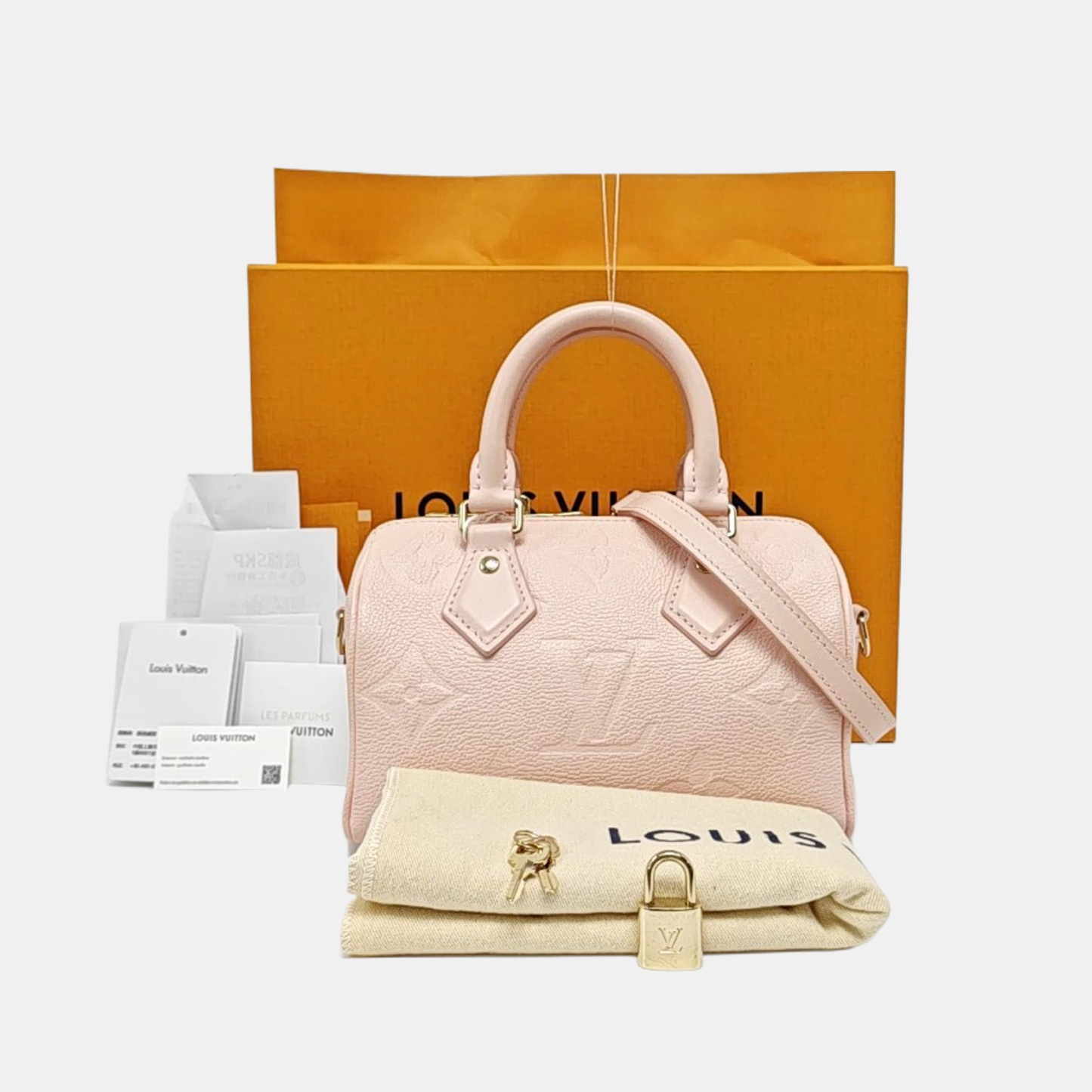 LOUIS VUITTON SPEEDY 20 Pink Leather Monogram Embossed Boston Bag Crossbody Bag Tote Bag Shoulder Bag Golden Hardware Removable Shoulder Strap Accessories Included-(SKU)-968584075