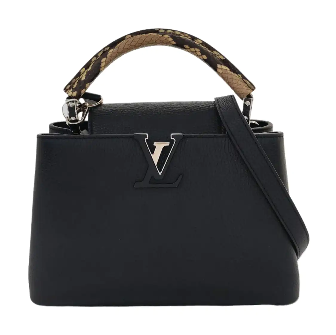 LOUIS VUITTON CAPUCINES Small-sized Black Cowhide Snake Pattern Crossbody Bag Silver Hardware Removable Shoulder Strap-(SKU)-968885422