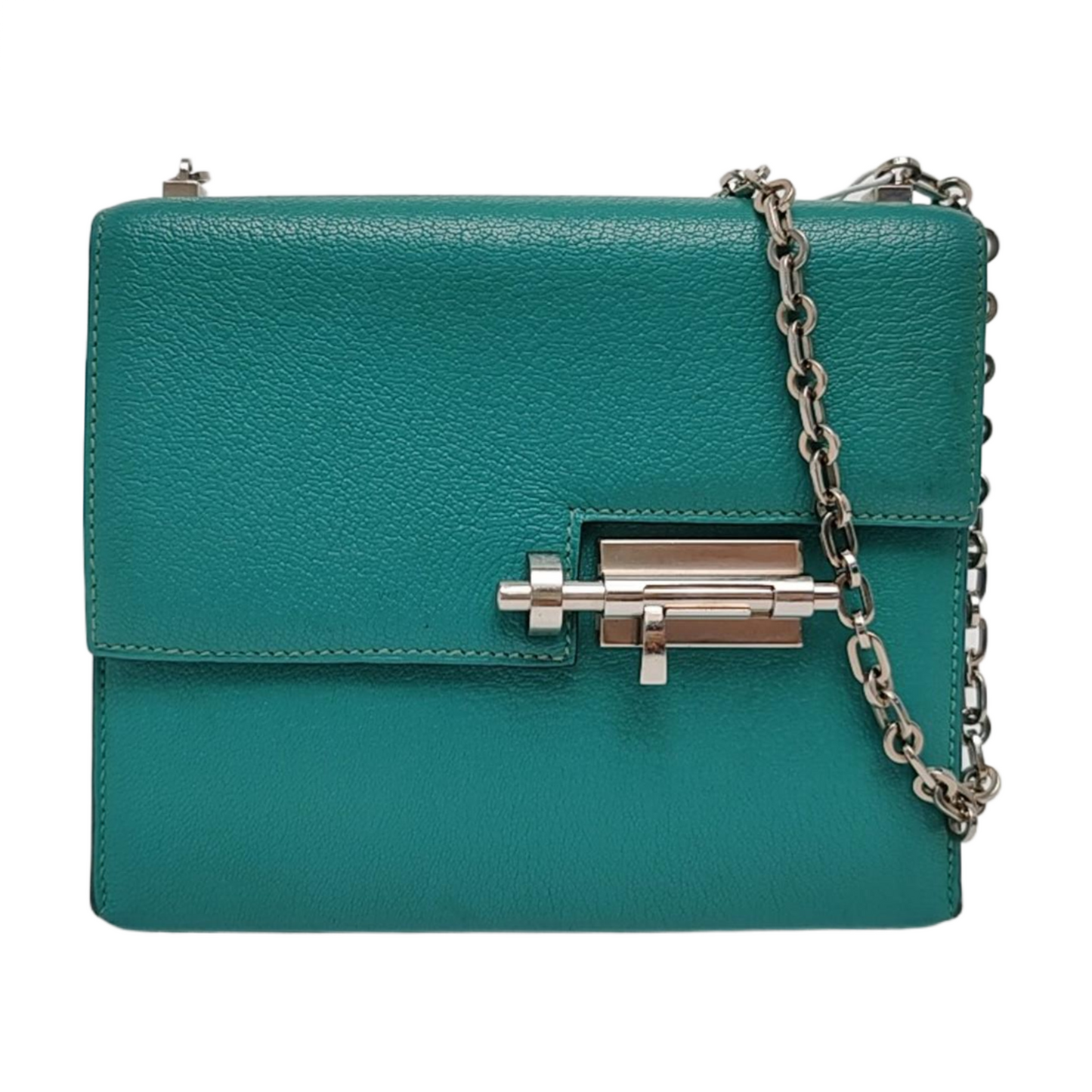 HERMÈS Verrou Mini Velvet Green Chèvre Mysore Goat Leather Gun Bag Crossbody Shoulder Bag Silver Hardware C-(SKU)-969129815