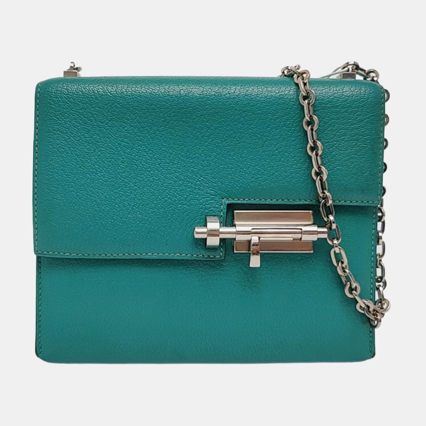 HERMÈS Verrou Mini Velvet Green Chèvre Mysore Goat Leather Gun Bag Crossbody Shoulder Bag Silver Hardware C-(SKU)-969129815
